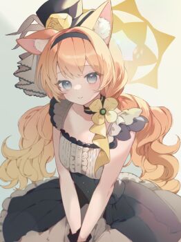 1girl animal_ear_fluff animal_ears bare_shoulders black_hairband black_hat black_skirt blue_archive cat_ears cat_girl center_frills closed_mouth commentary cowboy_shot frilled_skirt frills grey_eyes hairband halo hat highres long_hair looking_at_viewer low_twintails mari_(blue_archive) mari_(idol)_(blue_archive) official_alternate_costume orange_hair re_re_merry shirt simple_background skirt sleeveless sleeveless_shirt smile solo twintails white_background white_shirt yellow_halo