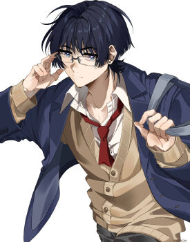 1boy adjusting_eyewear alternate_costume backpack bag bespectacled black_hair blazer blue_eyes blue_sleeves blunt_ends brown_cardigan brown_sleeves cardigan closed_mouth collarbone collared_shirt contemporary dintoge fingernails genshin_impact glasses grey_bag grey_pants hair_intakes half-closed_eyes hands_up highres jacket lapels layered_sleeves long_sleeves looking_at_viewer male_focus necktie open_clothes open_collar open_jacket pants pectoral_cleavage pectorals purple_jacket red_necktie scaramouche_(genshin_impact) school_bag school_uniform shirt smile solo thick_eyebrows thick_eyelashes tsurime twitter_username undershirt upper_body white_background white_shirt wispy_bangs