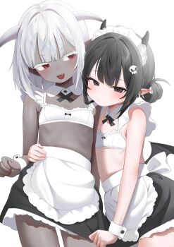 2girls absurdres apron black_eyes black_hair black_skirt blush bra breasts commentary dark-skinned_female dark_skin demon_girl demon_horns demon_wings detached_collar ear_piercing flat_chest frills hair_bun hair_ornament highres horns maid maid_apron maid_headdress multiple_girls open_mouth original piercing pointy_ears poko_(poko) red_eyes sharp_teeth simple_background skirt skull_hair_ornament small_breasts smile teeth thighhighs unconventional_maid underwear untranslatable_commentary waist_apron white_apron white_background white_bra white_hair white_thighhighs wings wrist_cuffs