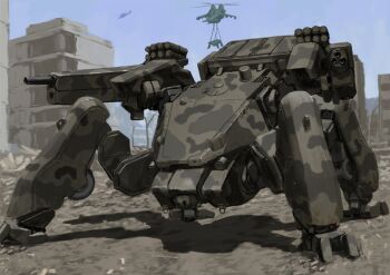 Rule 34 | aircraft, blue sky, building, camouflage, desert camouflage, helicopter, highres, mecha, military, military vehicle, missile pod, no humans, original, outdoors, robot, rotary cannon, science fiction, sky, tyokugekidato