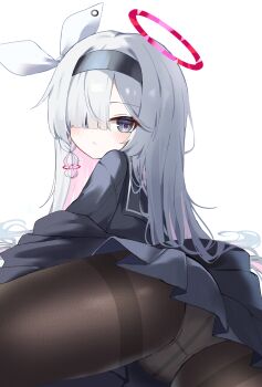 1girl :/ absurdres ass black_hairband black_sailor_collar black_serafuku black_shirt black_skirt blue_archive blunt_bangs blush bow braid brown_pantyhose closed_mouth colored_inner_hair commentary doyasora film_grain from_behind frown grey_eyes hair_bow hair_over_one_eye hair_over_shoulder hair_spread_out hairband halo highres long_bangs long_hair looking_at_viewer looking_back lying miniskirt multicolored_hair on_stomach panties panties_under_pantyhose pantyhose pink_hair plana_(blue_archive) pleated_skirt red_halo red_pupils sailor_collar school_uniform serafuku shirt simple_background single_braid skirt solo straight_hair thighband_pantyhose two-tone_hair underwear very_long_hair white_background white_bow white_hair