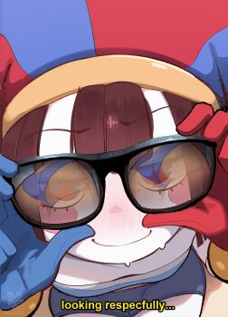 2girls absurdres adjusting_eyewear artist_name ass asymmetrical_gloves blue_eyes blue_gloves blush brown_hair closed_mouth colored_skin commentary english_commentary english_text gloves hat highres jester jester_cap looking_at_viewer mismatched_gloves multicolored_eyes multiple_girls pomni_(the_amazing_digital_circus) ragatha_(the_amazing_digital_circus) red_eyes red_gloves reflection ryzz_ryzz short_hair smile solo_focus sunglasses sweat the_amazing_digital_circus two-tone_eyes watermark white_skin