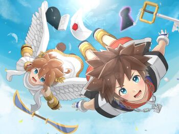 2boys ahoge androgynous angel angel_wings armlet blue_eyes blue_sky bracer brown_hair chain chain_necklace collarbone door falling feathered_wings feathers fingerless_gloves gloves gold_armlet gold_trim jewelry keyblade kid_icarus kid_icarus_uprising kingdom_hearts laurel_crown lens_flare light_blush lower_teeth_only male_focus multiple_boys necklace nintendo open_mouth perspective pit_(kid_icarus) scarf shoes short_hair sidelocks silver_necklace single_bare_shoulder sky smash_invitation sora_(kingdom_hearts) spiked_hair super_smash_bros. sword teeth v-shaped_eyebrows waffuum weapon white_scarf white_wings wings yellow_shoes