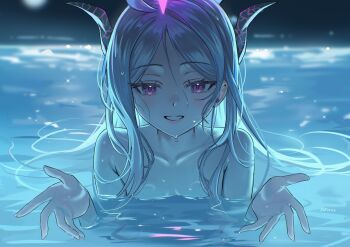 1girl ariko_(aaaaarik) blue_archive breasts collarbone halo highres hina_(blue_archive) horns i&#039;ll_teach_you_everything_(chainsaw_man) long_hair looking_at_viewer middle_part multiple_horns nude partially_submerged pink_eyes pink_halo pool reaching reaching_towards_viewer small_breasts solo upper_body water white_hair