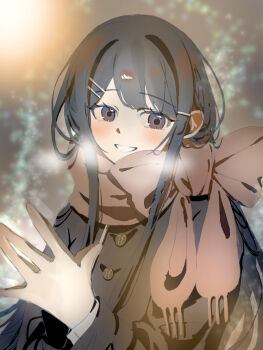 1girl black_eyes black_jacket blurry blurry_background blush bow brown_bow brown_scarf cho_koko-kyu_no_washi danganronpa:_trigger_happy_havoc danganronpa_(series) grin hair_ornament hairclip highres jacket long_hair long_sleeves maizono_sayaka night outdoors own_hands_together scarf smile teeth upper_body