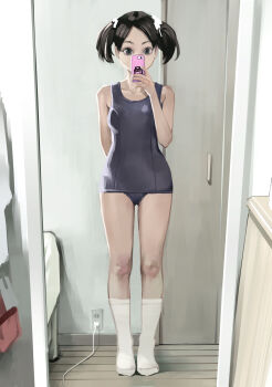 1girl arm_behind_back black_hair blue_eyes blue_one-piece_swimsuit bow breasts cellphone electrical_outlet full_body hair_bow hand_up highres holding holding_phone inamitsu_shinji indoors looking_at_phone mirror mirror_selfie no_shoes one-piece_swimsuit original paid_reward_available phone plug school_swimsuit selfie short_hair small_breasts smartphone socks solo standing swimsuit twintails white_bow white_socks