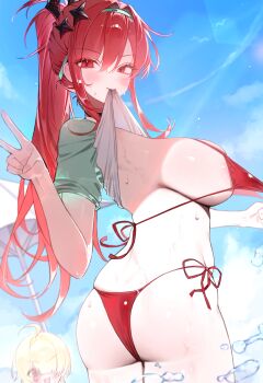 2girls absurdres amu1207 ass bikini bikini_pull blue_sky blush breasts clothes_in_mouth clothes_lift clothes_pull day elegg_(nikke) goddess_of_victory:_nikke highleg highleg_bikini highres large_breasts lifting_own_clothes long_hair mouth_hold multiple_girls official_alternate_costume ponytail rapi_(nikke) rapi_(red_hood)_(nikke) rapi_(red_hood)_(red_flavor)_(nikke) red_bikini red_eyes red_hair shiny_skin shirt shirt_in_mouth shirt_lift side-tie_bikini_bottom side-tie_swimsuit sky swimsuit thong thong_bikini v white_shirt wide_hips