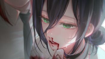 2girls absurdres black_choker black_hair black_necktie blood blood_from_mouth blood_on_clothes chainsaw_man choker green_eyes hair_between_eyes hair_bun hen_hen highres imminent_death makima_(chainsaw_man) multiple_girls necktie nosebleed red_hair reze_(chainsaw_man) spoilers sweat