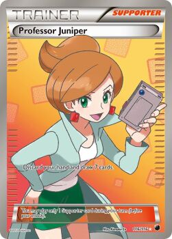 1girl :d artist_name professor_juniper blue_jacket brown_hair character_name copyright_name copyright_notice earrings english_text eo_kanako eyelashes green_eyes green_skirt hand_on_own_hip holding jacket jewelry lab_coat nintendo official_art open_clothes open_jacket open_mouth orange_background pokemon pokemon_bw pokemon_card pokemon_tcg shirt short_hair skirt smile solo third-party_source trading_card white_shirt