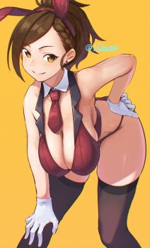 1girl artist_name bare_shoulders black_thighhighs braid braided_bangs breasts brown_eyes brown_hair cleavage commentary_request cropped_legs detached_collar ear_piercing gloves groin hand_on_own_hip hand_on_own_thigh highres hyodo_rena idolmaster idolmaster_cinderella_girls large_breasts lc_butter leaning_forward medium_hair necktie piercing ponytail red_necktie ryuuguu_rena sagging_breasts signature simple_background solo thick_thighs thighhighs thighs watermark white_gloves yellow_background