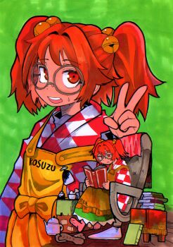 1girl absurdres apron barefoot bell book book_stack boots chair checkered_clothes checkered_kimono commentary_request cup dot_nose full_body glasses green_background hair_bell hair_ornament half-closed_eyes hand_up highres holding holding_book inuyama_konan japanese_clothes jingle_bell kettle kimono motoori_kosuzu mug multiple_views on_chair open_mouth orange_eyes orange_hair reading round_eyewear short_hair short_twintails sitting steam sweatdrop touhou twintails unworn_boots upper_body v wooden_floor yellow_apron