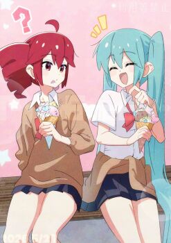 2girls ? ^_^ ahoge aqua_hair aqua_nails black_skirt bow bowtie brown_sweater closed_eyes clothes_around_waist commentary_request dated double-parted_bangs drill_hair fin_gocco fingernails food food_on_face hair_between_eyes happy hatsune_miku highres holding holding_ice_cream_cone ice_cream ice_cream_cone ice_cream_on_face kasane_teto long_fingernails long_hair long_sleeves looking_at_another multiple_girls nail_polish open_mouth pink_background pleated_skirt red_bow red_bowtie red_eyes red_hair shirt short_sleeves sidelocks sitting skirt smile star_(symbol) sweater sweater_around_waist twin_drills twintails utau very_long_hair vocaloid watermark white_shirt wing_collar