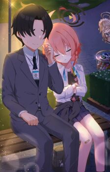 1boy 2girls ^_^ ahoge akane_(blue_archive) apron aris_(blue_archive) backlighting bandaid bandaid_on_knee bandaid_on_leg bench black_hair black_halo black_necktie black_shirt black_skirt blue_archive blush braid brown_hair brown_halo bush character_doll cherry_blossom_print chibi chibi_inset clenched_hand closed_eyes closed_mouth clothes_around_waist collared_shirt commentary_request crossed_arms doll eyelashes faceless faceless_male feet_out_of_frame floral_print floral_print_shirt formal_clothes furrowed_brow glasses glint grey_pants grey_suit hair_between_eyes halo hand_up highres holy-san_(makuu) huge_ahoge id_card lamppost leaning_on_person light_particles long_hair long_sleeves maid maid_apron maid_headdress millennium_science_school_logo miniskirt mole mole_under_each_eye mole_under_eye multiple_girls multiple_moles necktie neru_(blue_archive) neru_(school_uniform)_(blue_archive) night official_alternate_costume on_bench orange_hair outdoors pants parted_bangs peeking_out pleated_skirt print_shirt sensei_(blue_archive) shirt short_hair side-by-side single_braid sitting skirt sleeping smile sparkle split_mouth suit thick_eyebrows trash_can white_shirt