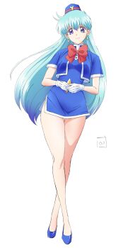 Rule 34 | 1girl, bare legs, blue dress, blue hair, blue hat, blue jacket, blue shoes, bow, bowtie, breasts, closed mouth, commentary request, cropped jacket, crossed legs, dress, earrings, full body, garrison cap, gloves, hat, high heels, highres, jacket, jewelry, long hair, looking at viewer, medium breasts, microdress, nori (norimakigumo), open clothes, open jacket, own hands together, purple eyes, red bow, red bowtie, shoes, short sleeves, side slit, signature, simple background, smile, solo, standing, tachi-e, tenjouin katsura, travel attendant, very long hair, watson cross, white background, white gloves, yat anshin uchuu ryokou