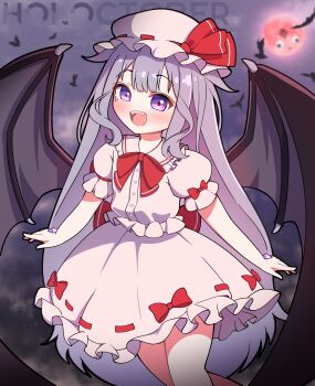 1girl absurdres bat_(animal) bat_wings blue_eyes blush bow bowtie commentary english_commentary fangs frilled_hat frilled_sleeves frills full_moon hat hat_ribbon highres hololive hololive_english jewel_under_eye koseki_bijou long_hair looking_at_viewer mob_cap moon open_mouth puffy_short_sleeves puffy_sleeves red_bow red_bowtie red_moon red_ribbon remilia_scarlet ribbon shirt short_sleeves shutowl sidelocks skirt smile solo touhou very_long_hair virtual_youtuber white_hat white_shirt white_skirt wings