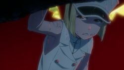 1boy 1girl ahoge animated anime_screenshot armpits aura bambietta_basterbine bare_arms biting black_hair bleach bleach:_sennen_kessen-hen blonde_hair blood blood_from_mouth blood_on_clothes blood_on_face blood_on_hands blood_splatter blue_eyes boots breasts caught cave cleavage corpse crossdressing dark-skinned_female dark_skin debris drinking_blood giselle_gewelle hair_between_eyes halo hand_on_another&#039;s_face hands_on_another&#039;s_head hat highres hug knees large_breasts legs liltotto_lamperd long_hair military_uniform miniskirt moaning multiple_girls navel nosebleed petite pleated_skirt quincy_(bleach) rain red_eyes red_sky ruins screaming skirt sky smile sound sternritter sweat tagme thighhighs thighs trap tv_tokyo undead video violence watching wet wings yandere yellow_eyes zombie