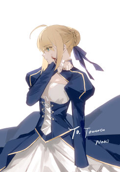 1girl ahoge artoria_pendragon_(fate) asprosgy blonde_hair blood blood_on_face braid bun_with_braided_base dress english_text fate/stay_night fate_(series) green_eyes hair_bun hair_ribbon highres long_sleeves puffy_long_sleeves puffy_sleeves ribbon saber_(fate) simple_background single_hair_bun solo upper_body white_background