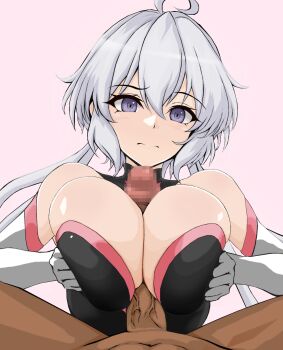 1boy 1girl ahoge black_leotard breasts censored cleavage closed_mouth commission elbow_gloves gloves hair_between_eyes highres large_breasts large_variant_set leotard light_blush long_hair looking_at_viewer mosaic_censoring paizuri penis pink_background pixiv_commission purple_eyes senki_zesshou_symphogear simple_background tarabaganioisii twintails undersuit variant_set veins veiny_penis very_long_hair white_gloves white_hair yukine_chris