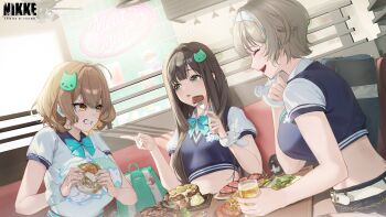 3girls absurdres anis_(nikke) aqua_bag aqua_ribbon backpack bag belt black_hair black_shorts blue_shirt breasts brown_hair cat_hair_ornament closed_eyes commentary_request copyright_name cropped_shirt cup drinking_glass f.k_(hs225kr) food fork goddess_of_victory:_nikke green_eyes grey_hair grin hair_ornament hairband highres holding holding_cup holding_food holding_fork huge_breasts indoors large_breasts long_hair long_sidelocks looking_at_viewer medium_hair mint_(nikke) multicolored_shirt multiple_girls neck_ribbon official_art open_mouth pointing prika_(nikke) ribbon shirt short_hair short_shorts short_sleeves shorts sidelocks sitting small_breasts smile t.t._star_(nikke) teeth tongue tongue_out two-tone_shirt upper_body very_long_sidelocks white_belt white_hairband white_shirt yellow_eyes