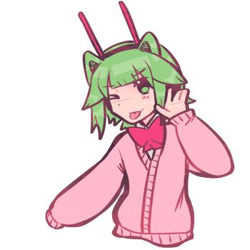 Rule 34 | 1other, 39chan, alien, antenna, cardigan, denpakun, green eyes, green hair, hair intakes, highres, one eye closed, pink cardigan, tagme, tongue, tongue out, tsukuyomi sena, utau, wink, zako (vocaloid)