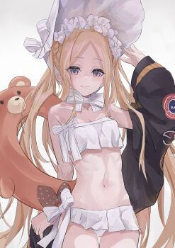 Rule 34 | 1girl, abigail williams (fate), abigail williams (swimsuit foreigner) (fate), abigail williams (swimsuit foreigner) (third ascension) (fate), absurdres, bare shoulders, bikini, black jacket, blonde hair, blue eyes, blush, bonnet, bow, breasts, commentary request, fate/grand order, fate (series), forehead, hair bow, hat, highres, innertube, jacket, long hair, looking at viewer, miniskirt, navel, parted bangs, sidelocks, skirt, small breasts, solo, swim ring, swimsuit, thighs, twintails, very long hair, white bikini, white bow, white hat, zasyuu 11