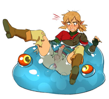 1boy anal anus ass blonde_hair boots brown_footwear chuchu_(zelda) erect_while_penetrated erection fingerless_gloves gloves interspecies link male_focus male_penetrated monster nintendo pants penis pointy_ears ripushko sex sidelocks simple_background slime_(creature) slime_monster sweat teeth testicles the_legend_of_zelda torn_clothes torn_pants white_background wide-eyed yaoi
