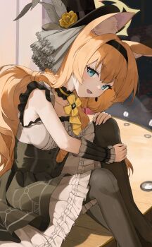 1girl animal_ear_fluff animal_ears bare_shoulders black_choker black_hairband black_hat black_pantyhose black_skirt blue_archive blue_eyes breasts cat_ears choker commentary_request dress earrings feet_out_of_frame flower frilled_choker frilled_dress frilled_sleeves frills hairband hat hat_flower highres jewelry long_hair looking_at_viewer mari_(blue_archive) mari_(idol)_(blue_archive) open_mouth orange_hair pantyhose sitting skirt small_breasts solo yellow_flower yoshiharu_auf