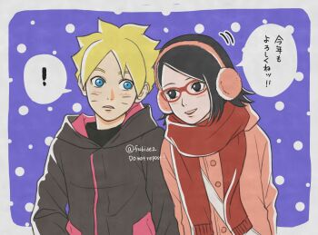 1boy 1girl black_eyes black_hair black_jacket blonde_hair blue_eyes blush boruto:_naruto_next_generations commentary_request earmuffs facial_mark glasses highres hood hooded_jacket jacket matsu_(fu6ide2) naruto_(series) pink_jacket red_scarf scarf snowing translation_request twitter_username uchiha_sarada uzumaki_boruto watermark whisker_markings