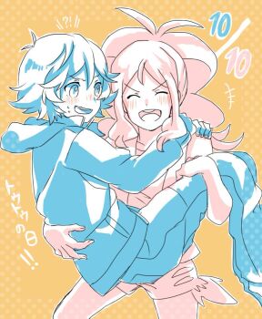 Rule 34 | 1boy, 1girl, antenna hair, aoya (ayoyame18), blush, carrying, closed eyes, dated, dotted background, hilbert (pokemon), hilda (pokemon), jacket, looking at viewer, nintendo, open mouth, pokemon, pokemon bw, princess carry, reverse princess carry, smile, v-shaped eyebrows, yellow background