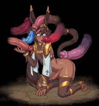 6+boys absurdres ancient_egyptian animal_ears animal_penis ankh anu_(virgilzsz) aqua_eyes black_background black_nails blue_eyes blush bottomless bridal_gauntlets brown_hair commission dark-skinned_male dark_skin erection fellatio fingernails foreskin furry high_heels highres horse_penis huge_penis imminent_penetration kneeling licking licking_penis male_focus medial_ring multiple_boys nail_polish oral original penis penis_grab penis_on_head penis_size_difference riz simple_background surrounded_by_penises tail testicles thick_thighs thighhighs thighs toenails tongue tongue_out uncensored veins veiny_penis yaoi