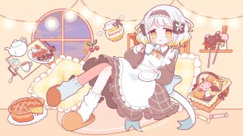 1girl 447_records black_bow black_dress bow candy cherry collared_dress commentary_request cup dress english_text food fruit hair_ornament headband heart holding holding_cup honey indoors japanese_clothes looking_at_viewer medium_hair miko pie pillow pochirou_(ponpoc) round_window sitting smile socks virtual_youtuber white_hair white_socks window yellow_background yuzuha_(vtuber)