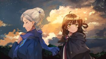 Rule 34 | 2girls, ahoge, aru majo ga shinu made, brown hair, closed eyes, cloud, cloudy sky, earrings, faust (aru majo), fly (marguerite), gem, grey hair, hair bun, highres, jewelry, long hair, makeup, mascara, meg raspberry, multiple girls, old, old woman, outdoors, scarf, sky, smile, star (sky), twilight, upper body, yellow eyes