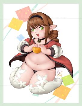 1girl artist_request black_choker black_hairband black_panties blush brown_hair choker final_fantasy final_fantasy_xiv flat_chest food fruit green_eyes hairband hanare_temple holding holding_food holding_fruit lalafell long_hair low_twintails navel open_clothes open_mouth open_shirt original panties pendant_choker plump pointy_ears red_shirt shirt sitting skindentation smile solo sweat thick_thighs thighhighs thighs twintails underwear wariza watermark white_thighhighs