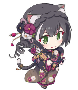1girl animal_ear_fluff animal_ears black_gaur black_kimono blush cat_ears cat_girl cat_tail chibi chibi_only closed_mouth commentary double-parted_bangs flower full_body green_eyes hair_flower hair_ornament japanese_clothes karyl_(princess_connect!) kimono long_hair long_sleeves niwa_so_ji obi obijime pink_sash princess_connect! ribbon sash simple_background smile solo standing tail tail_ornament tail_ribbon white_background wide_sleeves