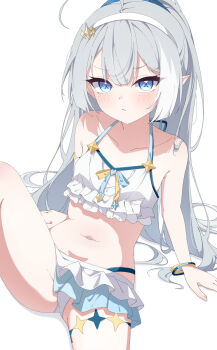 1girl ahoge bikini blue_eyes blush breasts collarbone commentary_request cowboy_shot double-parted_bangs extra_pupils female_tyrant_(stella_sora) frilled_bikini frills grey_hair hairband halterneck highres knee_up layered_bikini leripen long_hair looking_at_viewer official_alternate_costume pointy_ears reclining sidelocks simple_background small_breasts solo stella_sora swimsuit tyrant_(stella_sora) very_long_hair white_background white_bikini white_hairband