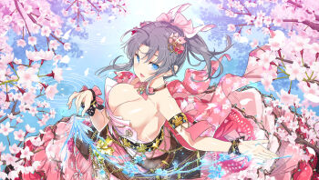 1girl alternate_hairstyle armlet blue_eyes blue_hair blush bow bracelet breasts chain choker cleavage collarbone cryokinesis day dress flower gold gold_trim grey_hair hair_bow hair_ornament hair_ribbon hands_up highres ice japanese_clothes jewelry kimono large_breasts long_hair looking_at_viewer low_neckline magic obi official_art parted_bangs petals pink_bow pink_kimono ponytail print_kimono reflection ribbon river sash senran_kagura senran_kagura_new_link solo water yaegashi_nan yumi_(senran_kagura)