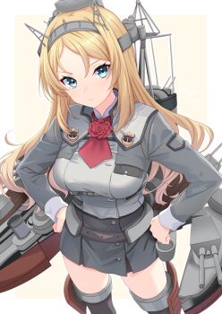 Rule 34 | 1girl, ascot, blonde hair, blue eyes, border, breasts, commentary request, cowboy shot, flower, grey jacket, grey skirt, hands on own hips, headgear, highres, jacket, kantai collection, large breasts, long hair, long sleeves, looking at viewer, neck flower, nelson (kancolle), nelson kai (kancolle), red ascot, red flower, red rose, rigging, rose, simple background, skirt, solo, toketa-sekai, white border