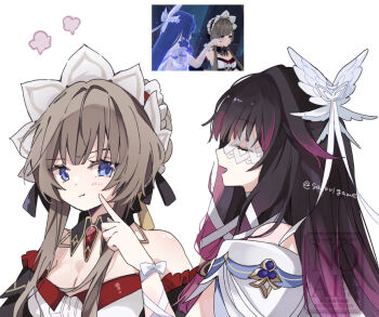 bare_shoulders black_collar black_ribbon blue_eyes blush brown_hair cheek_poking collar columbina_(genshin_impact) commentary_request detached_sleeves eye_mask frilled_sleeves frills genshin_impact gold_trim hair_ornament headdress looking_at_another mask multicolored_hair pink_hair poking ribbon sandrone_(genshin_impact) satorigame two-tone_hair watermark white_ribbon wing_hair_ornament