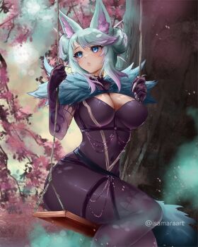 1girl animal_ear_fluff animal_ears artist_name black_dress black_gloves blue_eyes blue_hair breasts cherry_blossoms cleavage cleavage_cutout clothing_cutout commentary covered_navel dress elbow_gloves english_commentary fur-trimmed_dress fur_trim gloves highres isamaraart large_breasts long_hair looking_at_viewer multicolored_hair navel on_swing pink_hair see-through_clothes see-through_dress silvervale silvervale_(corrupted_raven) streaked_hair swept_bangs swing tree virtual_youtuber vshojo wolf_ears wolf_girl