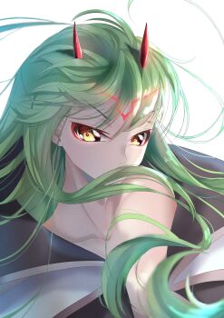 1girl absurdres alternate_costume black_cape blurry budgiepon c.c. cape code_geass collarbone commentary cosplay darling_in_the_franxx demon_girl demon_horns depth_of_field eyelashes forehead_tattoo green_hair hair_between_eyes hair_spread_out highres horns long_hair looking_at_viewer nose nude simple_background solo tattoo two-tone_cape v-shaped_eyebrows very_long_hair white_background white_cape wind wind_lift yellow_eyes zero_two_(darling_in_the_franxx) zero_two_(darling_in_the_franxx)_(cosplay)