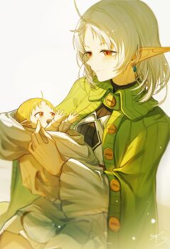 2girls absurdres ahoge baby baby_carry blonde_hair blush breasts carrying carrying_baby carrying_person cloak collared_cloak dated earrings elf forehead green_cloak highres jewelry light_particles lucy_greyrat medium_breasts mother_and_child multiple_girls mushoku_tensei pointy_ears red_eyes signature sitting smile sylphiette_(mushoku_tensei) toddler upper_body white_hair yisjhui