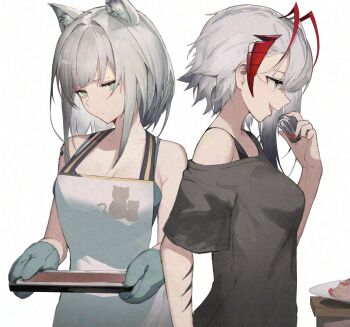 2025 2girls animal_ear_fluff animal_ears anths apron aqua_eyes arknights black_shirt breasts brown_eyes grey_hair highres kal&#039;tsit_(arknights) large_breasts long_hair multiple_girls narrowed_eyes open_mouth oven_mitts shirt smile w_(arknights) white_background wis&#039;adel_(arknights)