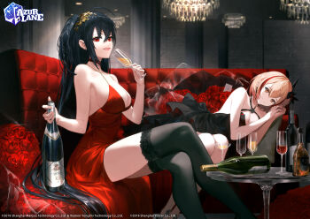 :d ahoge alcohol alternate_costume azur_lane bare_shoulders black_dress black_hair blonde_hair blush bottle breasts brown_eyes choker cleavage cocktail_dress collarbone commentary_request crossed_legs cup dress earrings hair_between_eyes hair_ornament highres holding holding_cup hoojiro jewelry large_breasts long_hair looking_at_viewer lounge lying multicolored_hair official_alternate_costume official_art open_mouth red_choker red_dress red_eyes red_hair roon_(azur_lane) roon_(dark_red_grin)_(azur_lane) short_hair sitting smile streaked_hair table taihou_(azur_lane) taihou_(forbidden_fruit)_(azur_lane) thighhighs very_long_hair