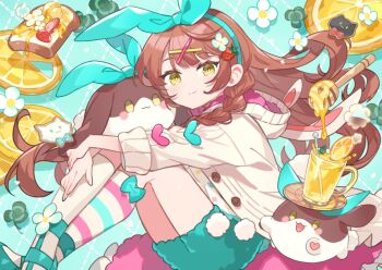 1girl animal_ears animal_hood bebe_(nanahira) braid bread brown_hair cardigan commentary_request cookie cup drink fake_animal_ears food fruit green_shorts honey hood hood_down indie_utaite kanyoko_(yuzukano_17) lemon lemon_slice long_hair looking_at_viewer mite_(nanahira) nanahira omochi_(nanahira) open_cardigan open_clothes rabbit rabbit_hood shorts side_braid sitting solo stuffed_animal stuffed_rabbit stuffed_toy utaite yellow_eyes