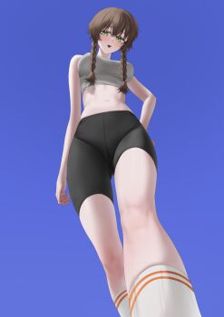 1girl absurdres alternate_eye_color amane_suzuha bike_shorts blush braid brown_hair crop_top from_below green_eyes hair_between_eyes hair_tie high_collar highres horizontal-striped_socks koha_2652 long_sleeves looking_at_viewer no_jacket open_mouth science_adventure smile solo steins;gate stomach tank_top tongue twin_braids twintails white_tank_top