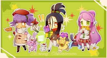 Rule 34 | 3girls, absurdres, artist name, back hair, black pantyhose, border, brown coat, coat, commentary, dendra (pokemon), espeon, floette, gen 2 pokemon, gen 3 pokemon, gen 4 pokemon, gen 6 pokemon, gen 7 pokemon, gift, green background, green eyes, hat, highres, holding, holding gift, kui kui jiang, makuhita, maushold, merry christmas, miriam (pokemon), multiple girls, nintendo, open mouth, orange eyes, panties, pantyhose, pokemon, pokemon (creature), pokemon sv, red hat, red scarf, red skirt, rotom, rotom phone, scarf, skirt, toxapex, tulip (pokemon), underwear, white border, white panties, white scarf, yellow scarf