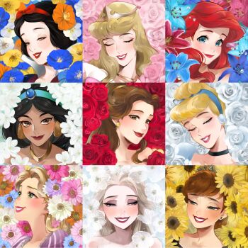 Rule 34 | 1girl, 6+girls, aladdin (movie), anna (frozen), ano (sbee), ariel (disney), aurora (disney), beauty and the beast (disney), belle (disney), black hair, blonde hair, bow, brown hair, cinderella (disney character), cinderella (disney movie), disney, disney princess, dress, elsa (frozen), flower, frozen (disney), green eyes, hair bow, hair ornament, highres, jasmine (disney), long hair, long sleeves, looking at viewer, multiple girls, puffy short sleeves, puffy sleeves, purple dress, rapunzel (disney), short hair, short sleeves, sleeping beauty (disney), smile, snow white (disney), snow white and the seven dwarfs (disney), tangled, the little mermaid (disney), very long hair