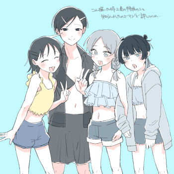 4girls :d :o ^_^ alternate_hairstyle bare_arms bare_shoulders bikini black_eyes black_hair black_shirt blue_background blue_shorts blunt_bangs blush braid closed_eyes closed_mouth collared_shirt commentary_request double_bun feet_out_of_frame frilled_bikini frills fujii_ayame futsuu_no_keion-bu grey_eyes grey_hair grey_shorts hair_bun hair_ornament hairclip hatono_chihiro height_difference highres hood hooded_jacket ikihaji jacket kouyama_rin limited_palette midriff multiple_girls navel open_clothes open_jacket open_mouth open_shirt parted_bangs pixie_cut shirt short_hair shorts simple_background smile standing stomach swimsuit translation_request twin_braids twintails uchida_momo v