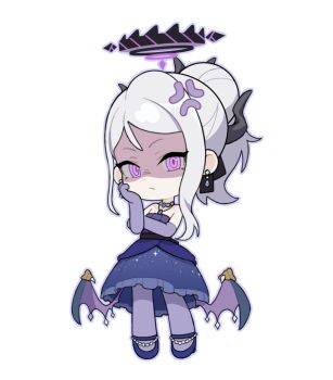 1girl :/ anger_vein black_halo blue_archive blush chibi chibi_only chinese_commentary closed_mouth commentary demon_girl demon_horns demon_wings dress earrings elbow_gloves full_body gloves halo hand_on_own_cheek hand_on_own_face hina_(blue_archive) hina_(dress)_(blue_archive) horns jewelry liangcha_jun long_hair looking_at_viewer necklace official_alternate_costume pendant purple_dress purple_eyes purple_gloves shaded_face solo standing white_hair wings