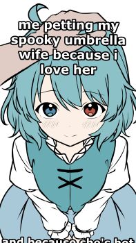1girl absurdres aqua_vest blue_eyes blue_hair blue_vest burukyu hand_on_another&#039;s_head headpat heterochromia highres juliet_sleeves karakasa_obake long_sleeves looking_at_viewer me_petting_my_cat_(meme) meme out_of_frame pov pov_hands puffy_sleeves red_eyes shirt short_hair skirt smile tatara_kogasa touhou tsukumogami umbrella vest